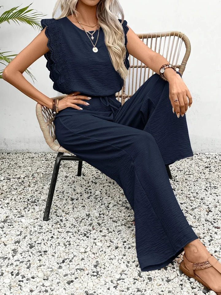 Zella™ Elegant Two-Piece Set | Lace-Trimmed Top and Wide-Leg Trousers