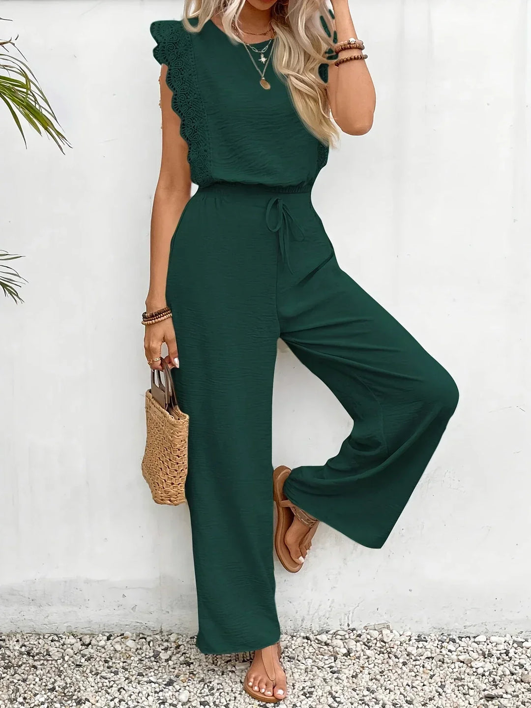 Zella™ Elegant Two-Piece Set | Lace-Trimmed Top and Wide-Leg Trousers