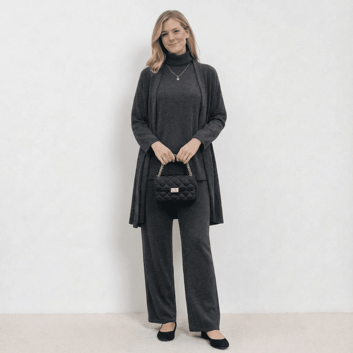 Barbara Cardigan Knit Top & Trousers Set | Refined Three-Piece Knit Co-Ord