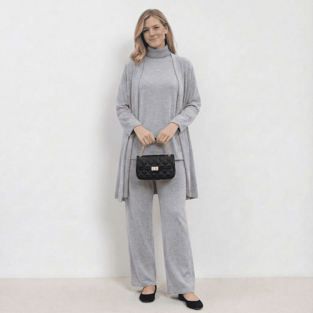 Barbara Cardigan Knit Top & Trousers Set | Refined Three-Piece Knit Co-Ord