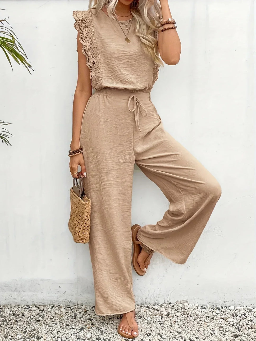 Zella™ Elegant Two-Piece Set | Lace-Trimmed Top and Wide-Leg Trousers
