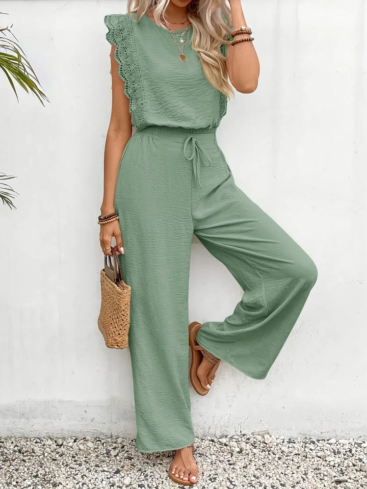 Zella™ Elegant Two-Piece Set | Lace-Trimmed Top and Wide-Leg Trousers