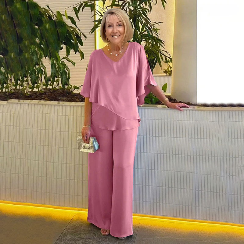 Sarina™ Elegant Two-Piece Set | V-Neck Top and Relaxed Trousers